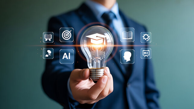 Businessman Holding Light Bulb with Education Icons