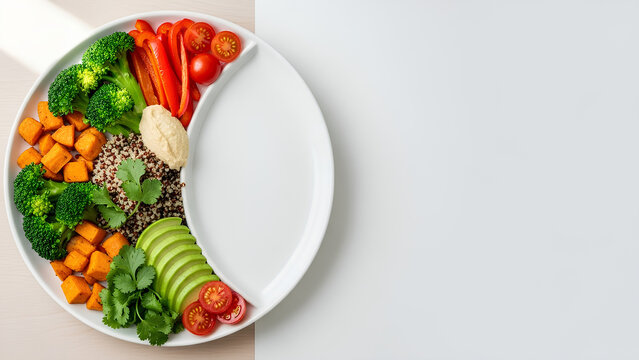 Top view of a plate with colorful plant-based food arranged on the left half, right half of the plate and surrounding table kept mostly empty as negative space, fresh and healthy look.