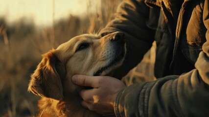 Man holding a golden retriever during a warm embrace at sunset in the outdoors, capturing an emotional connection between human and dog.