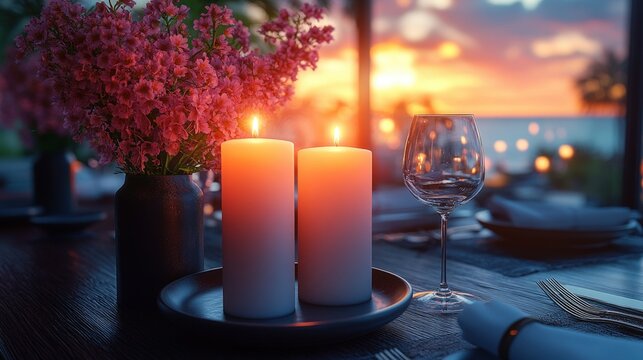 Two lit candles create a warm glow on a table, complemented by a glass of wine and the beautiful colors of a sunset in the background.  Evokes feelings of relaxation, intimacy, and warmth. - Powered by Adobe