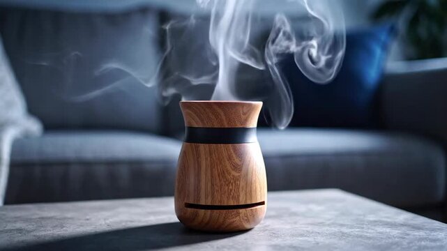 Wooden essential oil diffuser emitting white steam indoors