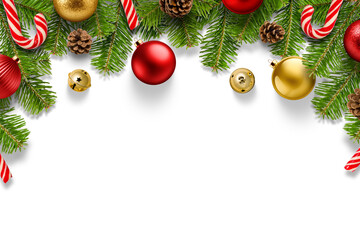 Christmas composition with spruce branches, red and gold baubles, pine cones candy cane, jingle bells isolated on a transparent background, PNG. High resolution. Christmas and winter design projects.