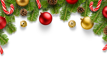 Christmas composition with spruce branches, red and gold baubles, pine cones candy cane, jingle bells isolated on a transparent background, PNG. High resolution. Christmas and winter design projects.