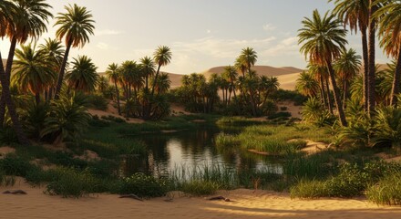 Obraz premium Serene oasis landscape with palm trees, sandy dunes, and a tranquil water body at sunrise from a distant viewpoint