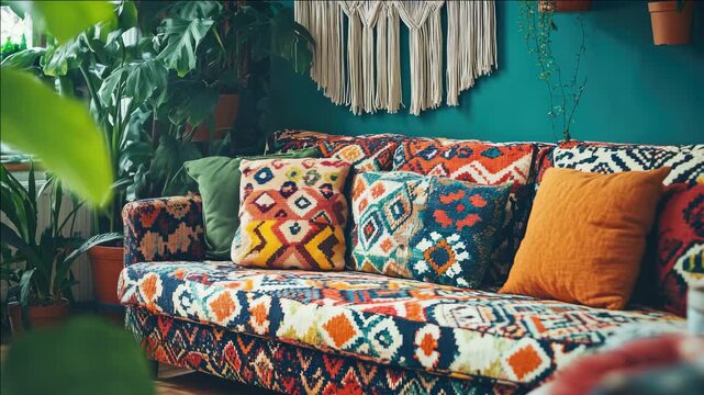 Vividly colored couch in a bohemian style setting, adorned with patterned throw pillows and a tassel garland.