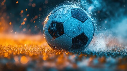A vibrant soccer ball covered in glistening water droplets sits prominently against a striking orange and blue background. The image evokes freshness, energy, and a sense of athletic competition.