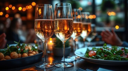 Two elegant champagne glasses sit on a table alongside delicious food, creating a festive and celebratory scene. Perfect for events, parties, or special occasions.