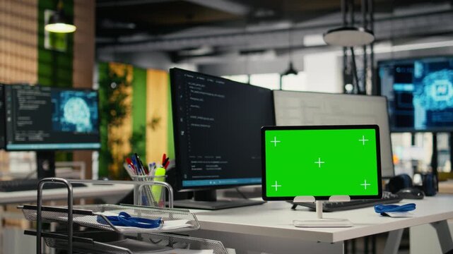Isolated screen tablet on Silicon Valley startup office desk used to implement neural network algorithms. AI tech company workplace with mockup device used to conduct code reviews, close up