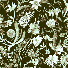 A floral seamless pattern with watercolor garden flowers. Seamless wallpaper with daffodils, hyacinths, freesia, and tulips.