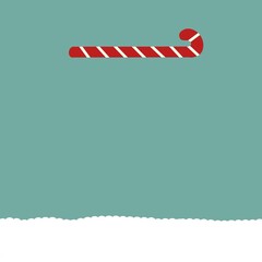 A snowy winter background with a red candy cane featuring white stripes.