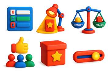 3D Feature Icons Set. 3D icon set of feature prioritization: ranking cards on board, spotlight on top feature, weight scale with