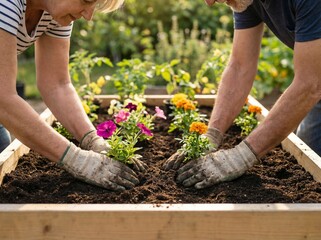 Happy Senior Couple Planting Flowers in Garden on Sunny Day