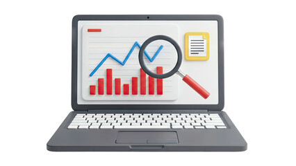 3D Laptop Displaying Financial Data Analysis With Red Bar Chart Blue Line Graph Magnifying Glass Over Chart and Yellow Document Icon Isolated on Transparent Background for Business Concepts