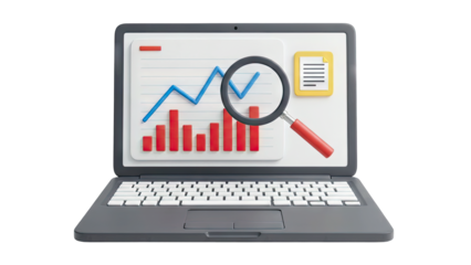 3D Laptop Displaying Financial Data Analysis With Red Bar Chart Blue Line Graph Magnifying Glass Over Chart and Yellow Document Icon Isolated on Transparent Background for Business Concepts