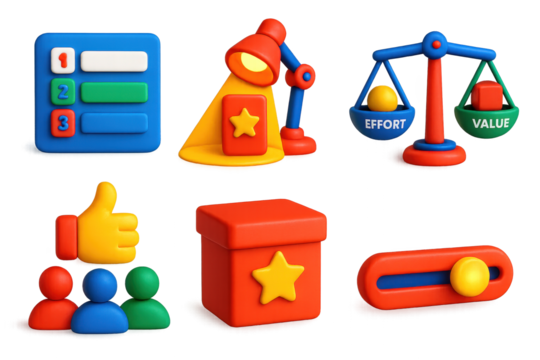 3D Feature Icons Set. 3D icon set of feature prioritization: ranking cards on board, spotlight on top feature, weight scale with