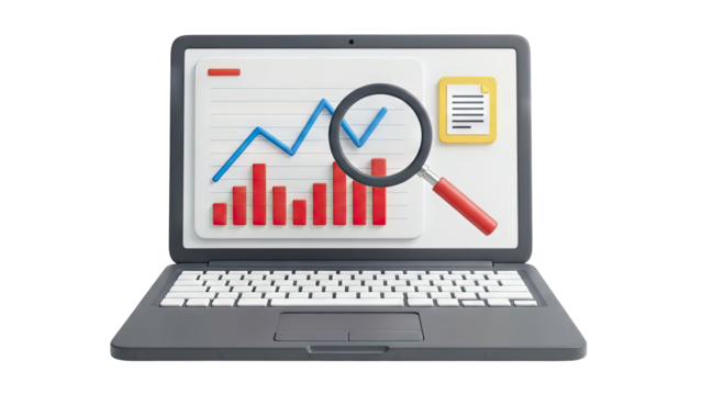 3D Laptop Displaying Financial Data Analysis With Red Bar Chart Blue Line Graph Magnifying Glass Over Chart and Yellow Document Icon Isolated on Transparent Background for Business Concepts - Powered by Adobe