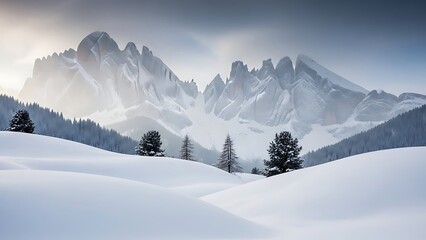 Winter Wonderland in the Dolomites: Scenic Mountain Landscape with Snow-Covered Peaks and Forest