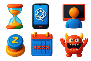 Time Traps Icons. 3D icon set of procrastination and time traps: hourglass melting, phone with tangled web icon, avatar staring at