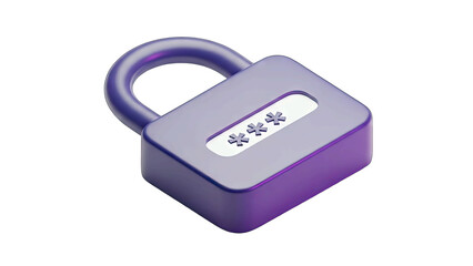 A 3D Rendered Purple Combination Padlock Displaying Asterisks for a Password on a White Input Field Isolated on a Plain Black Background