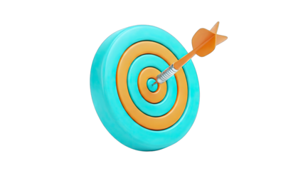 A 3D Rendered Target With An Arrow Hitting The Bullseye In A Teal And Orange Color Scheme With A Transparent Background