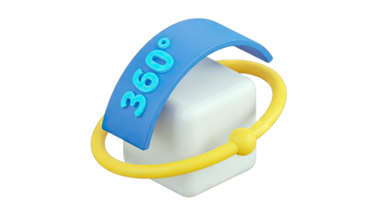 A 360 degree rotating symbol encompassing a white cube representing virtual reality and digital technology concepts with a dark background and a blue band with yellow accent detail