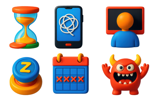 Time Traps Icons. 3D icon set of procrastination and time traps: hourglass melting, phone with tangled web icon, avatar staring at