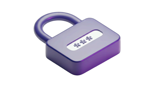 A 3D Rendered Purple Combination Padlock Displaying Asterisks for a Password on a White Input Field Isolated on a Plain Black Background