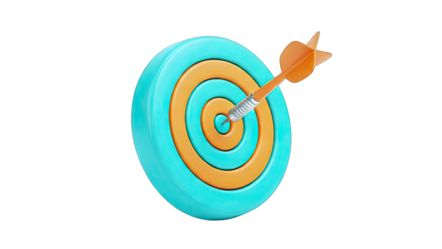 A 3D Rendered Target With An Arrow Hitting The Bullseye In A Teal And Orange Color Scheme With A Transparent Background