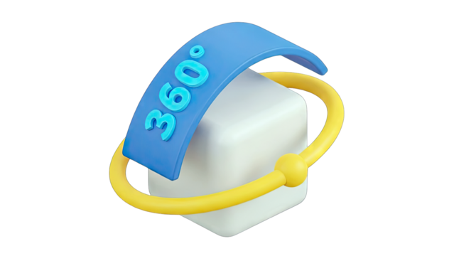 A 360 degree rotating symbol encompassing a white cube representing virtual reality and digital technology concepts with a dark background and a blue band with yellow accent detail