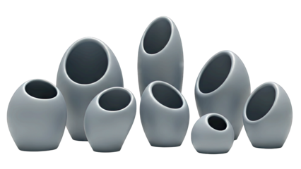 A Collection of Smooth Grey Ceramic Vases in Varying Sizes and Shapes Displayed Against a Clean White Background with Soft Studio Lighting Enhancing Their Modern Aesthetic
