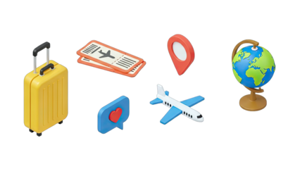 A Collection Of Travel Icons Including A Yellow Suitcase Plane Tickets A Red Map Pin A Blue Airplane A Heart Icon And A Globe With A Transparent Background In A 3D Isometric Style