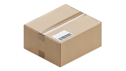 A Corrugated Cardboard Shipping Box with a Barcode Label and Tape Sealed on a Plain White Background Isolated with a Transparent Background