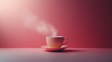 Fototapeta premium A steaming cup of hot coffee sits on a saucer against a vibrant red wall. The rising steam creates a warm and inviting atmosphere.