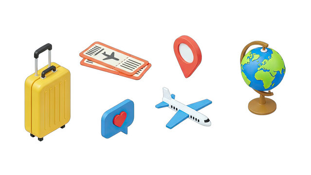 A Collection Of Travel Icons Including A Yellow Suitcase Plane Tickets A Red Map Pin A Blue Airplane A Heart Icon And A Globe With A Transparent Background In A 3D Isometric Style - Powered by Adobe