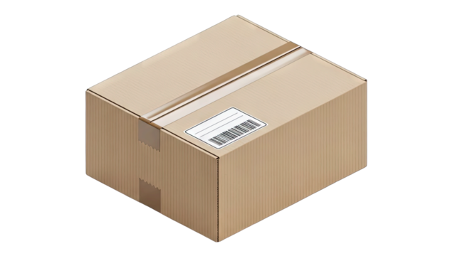 A Corrugated Cardboard Shipping Box with a Barcode Label and Tape Sealed on a Plain White Background Isolated with a Transparent Background