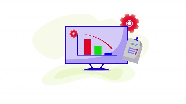 Animated concept of economic downturn, monitor with falling graph arrow, chaotic gear rotation, and crossed sheet, empty bag money, symbolizing recession and business decline