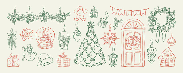 Christmas hand drawn chalk elements. Vintage Christmas and New Year line art sketch. Retro whimsical winter holiday charcoal doodles. Christmas drawing set for card, poster, poster, party invitations.