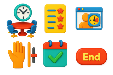 3D Meeting Icons. 3D icon set of meeting time efficiency: clock above roundtable, agenda icon with stars, timer in meeting window,