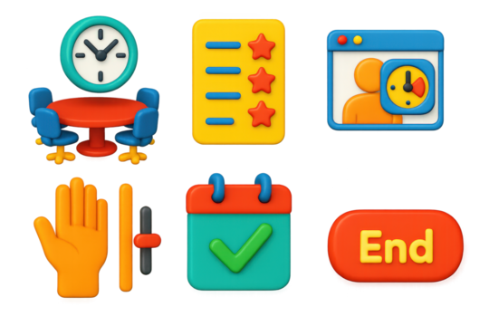 3D Meeting Icons. 3D icon set of meeting time efficiency: clock above roundtable, agenda icon with stars, timer in meeting window,