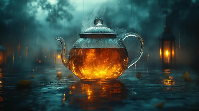 A ceramic teapot brimming with glowing orange liquid rests upon a still body of water within a fantastical, misty forest. The scene evokes a sense of magic and tranquility.