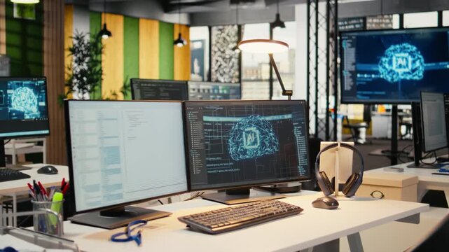 Advanced AI algorithms running on computer monitors in empty startup workspace. Artificial intelligence coding platform on PC screens in modern office optimizing software for scalability