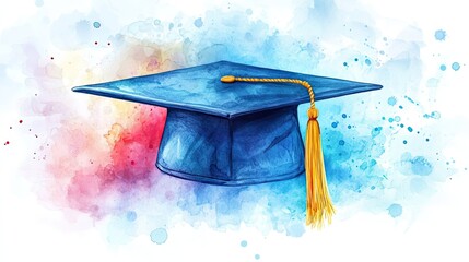 Watercolor graduation cap with a gold tassel, offering a soft and artistic representation of academic achievement. 