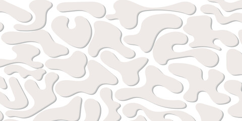 Seamless abstract pattern with organic light beige blob shapes and subtle shadows on a white background, creating a modern and minimalist design.