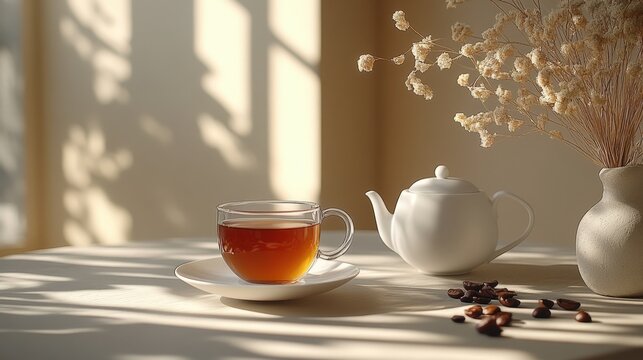 A ceramic cup of tea sits on a wooden table alongside a teapot and a scattering of coffee beans, creating a still life composition. - Powered by Adobe