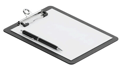 A Gray Clipboard with a Blank White Paper Sheet and a Black Pen on a Transparent Background Isolated Object Minimalist Design for Documentation or Notes