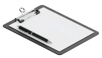 A Gray Clipboard with a Blank White Paper Sheet and a Black Pen on a Transparent Background Isolated Object Minimalist Design for Documentation or Notes
