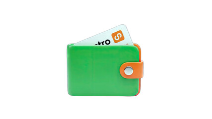 A Green Wallet With An Orange Trim Holds A Card With Orange Logo Against A Black Background