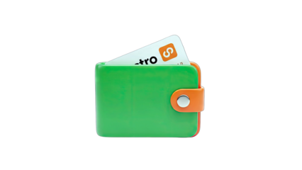 A Green Wallet With An Orange Trim Holds A Card With Orange Logo Against A Black Background