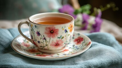 Fototapeta premium A delicate teacup filled with tea sits on a saucer, surrounded by a blurred backdrop of purple flowers and a textured fabric, creating a serene and visually appealing still life.