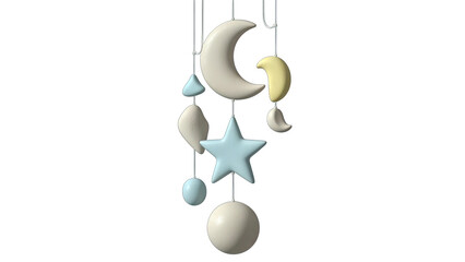 A Hanging Baby Crib Mobile Featuring A Crescent Moon Star And Geometric Shapes In Soft Pastel Colors Against A Transparent Background